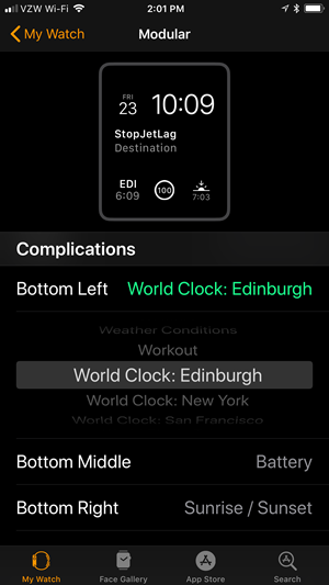 Select World Clock: Edinburgh for your Bottom Left Complication