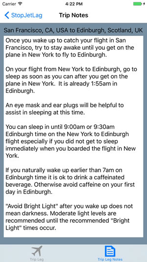 StopJetLag on iPhone trip notes