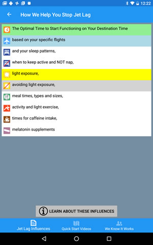 StopJetLag on Android major influences on jet lag