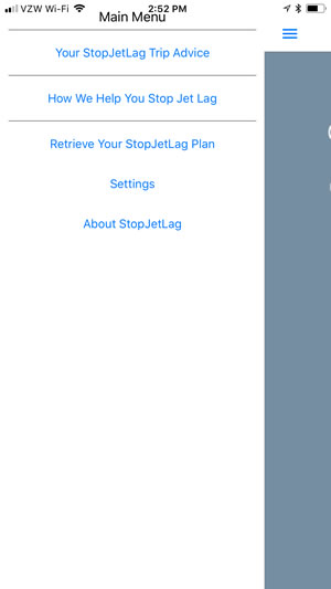 StopJetLag Main Menu