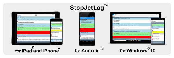 StopJetLag Mobile for iPhone®, iPad®, Android™, Windows® 10