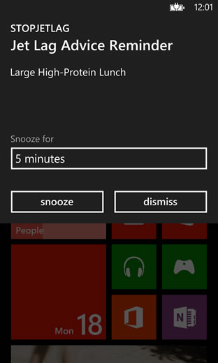 Stop Jet Lag on Windows Phone large high-protein lunch reminder